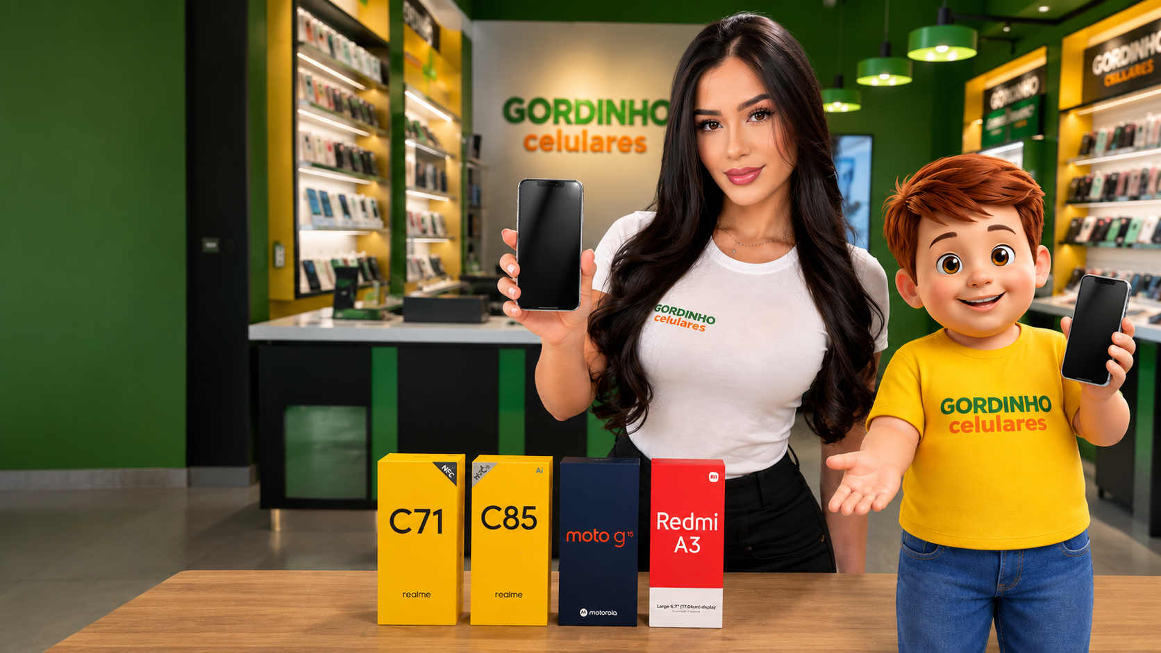 Atendente e mascote da Gordinho Celulares apresentando smartphones na loja