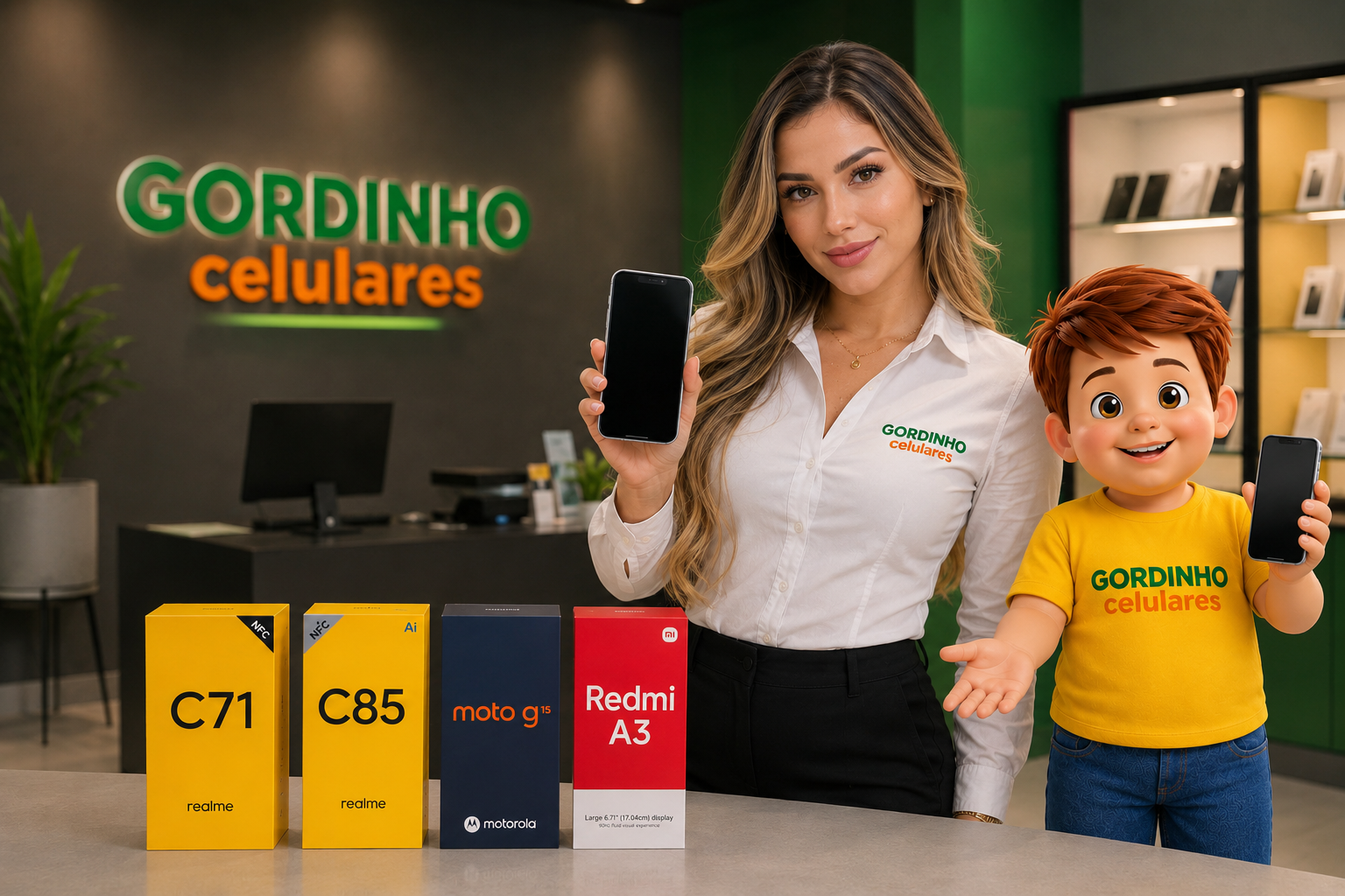 Equipe e mascote da Gordinho Celulares na loja em Campo Grande